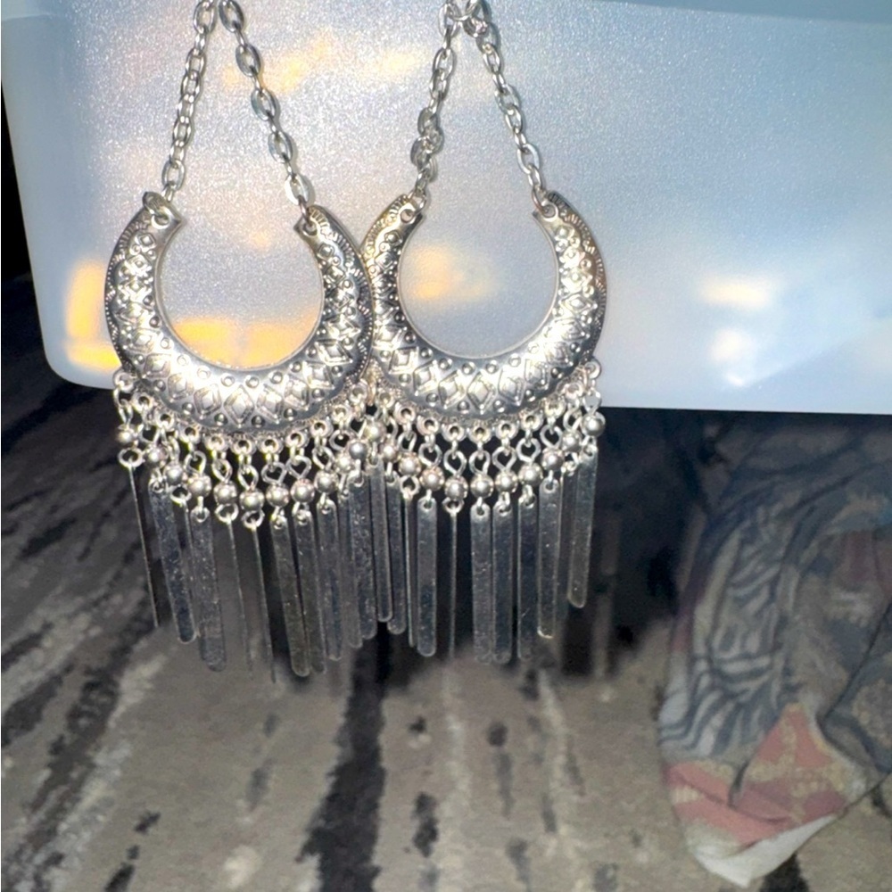 Chico's Silver Tone Crescent Dangle Earrings - Boho Chic Fringe